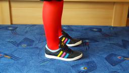 Jana shows her Adidas Top Ten low sleek series black with blue, pink and yellow stripes